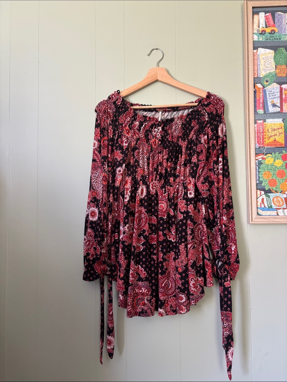 Free People Black & Burgundy Paisley Off-Shoulder Peasant Top
